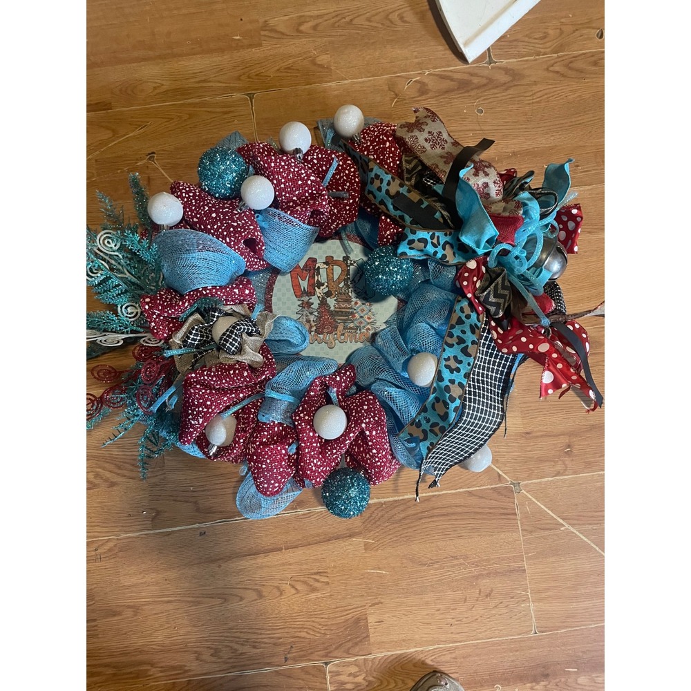 Christmas Wreath Turquoise Red White Holiday Decor Door Wall Hanging